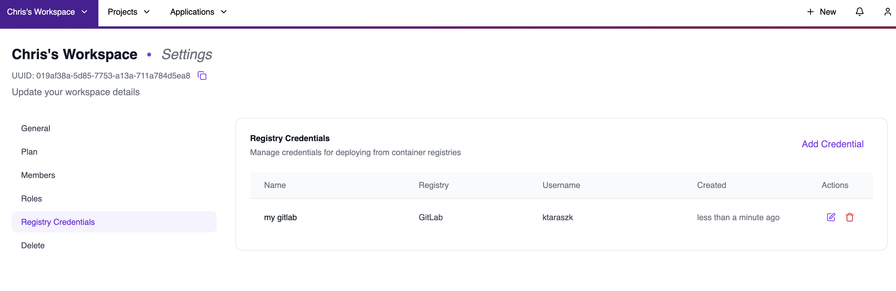 Workspace Registry Credentials